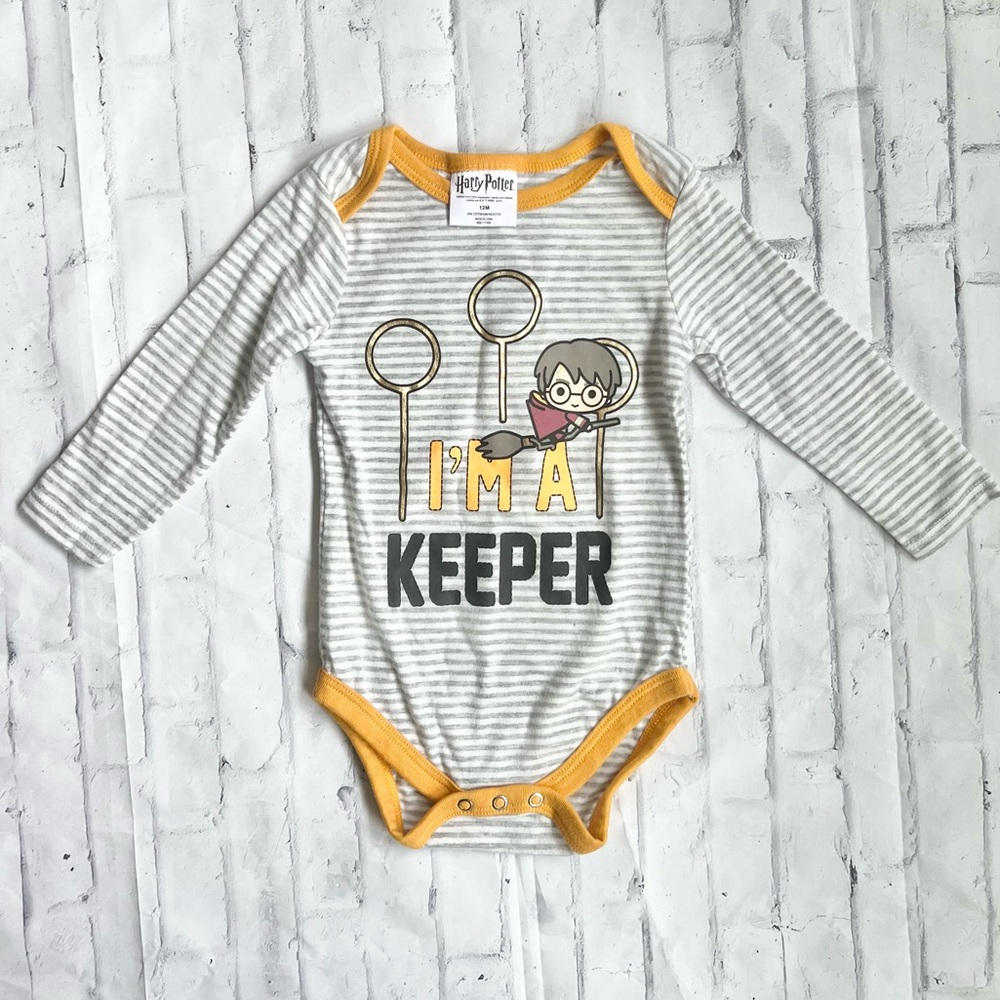 Harry Potter Baby Bodysuit 12M Long Sleeve Quidditch Im A Keeper Striped Onesie